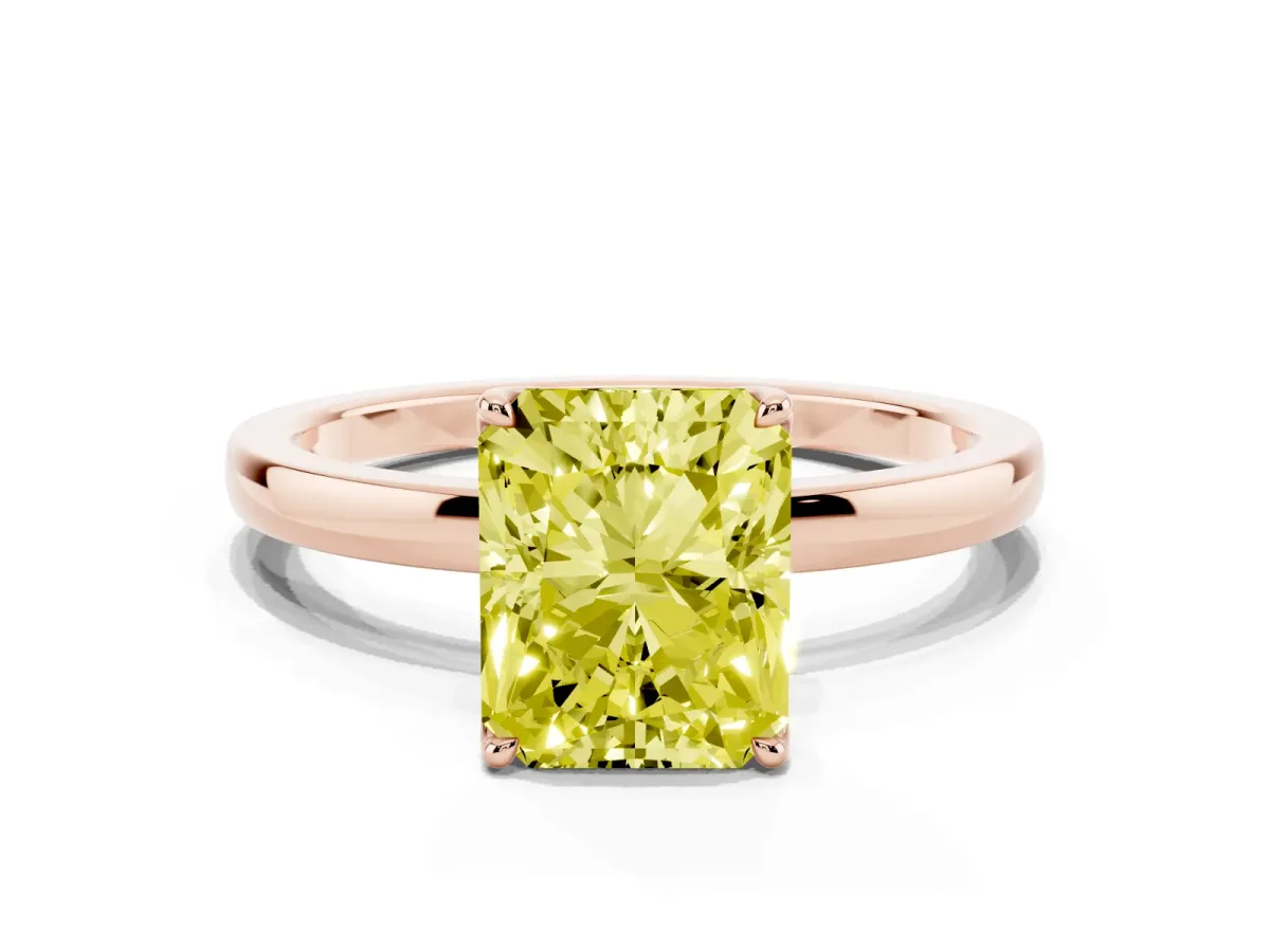 Fancy Yellow Radiant Cut Diamond Solitaire Ring with Thin Band and Prong Setting Rose gold