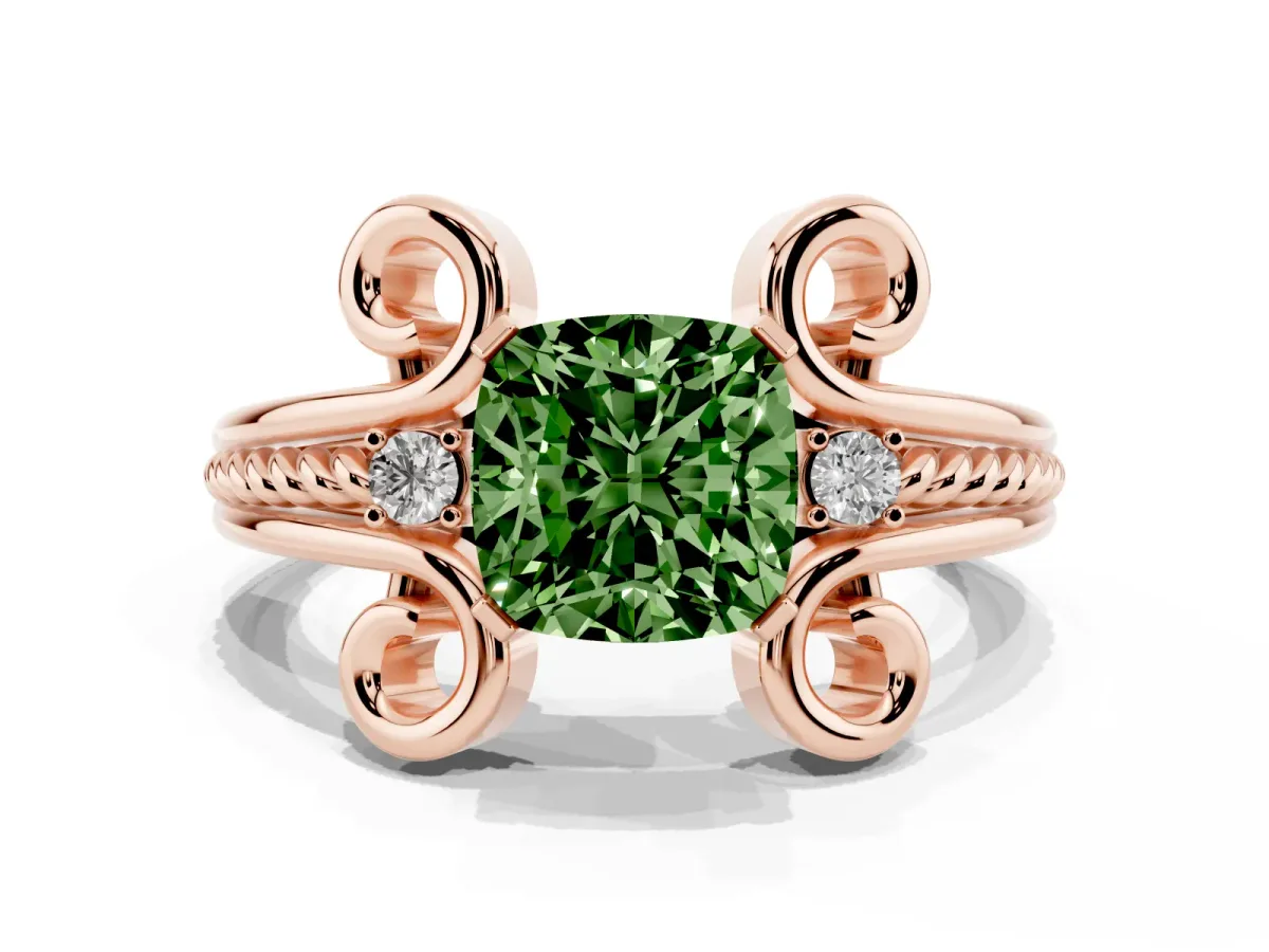 Fancy Green Cushion Cut Solitaire Twisted Band Scroll Prong Ring Rose gold