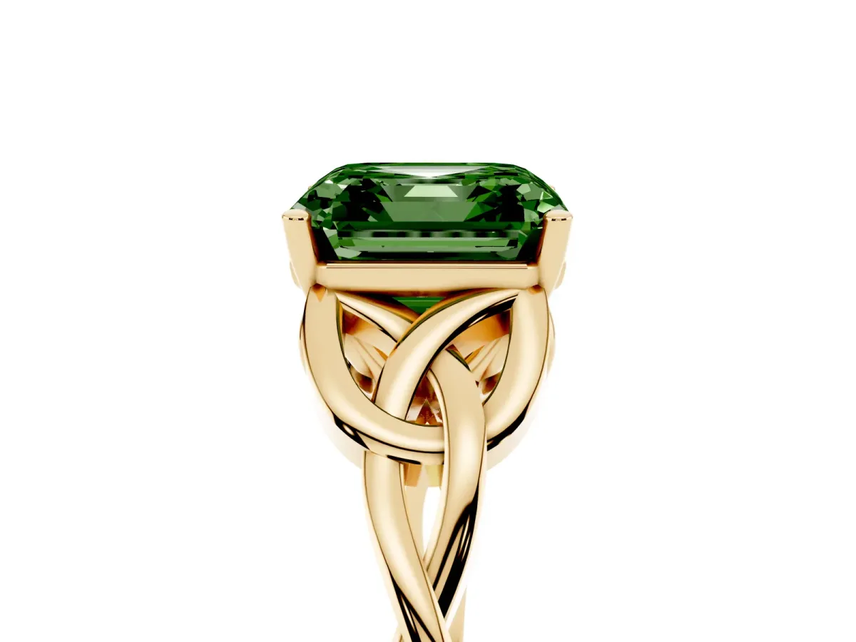 Fancy Green Asscher Cut Diamond Solitaire Engagement Ring with Celtic Knot Band and Four-Prong Setting Yellow gold