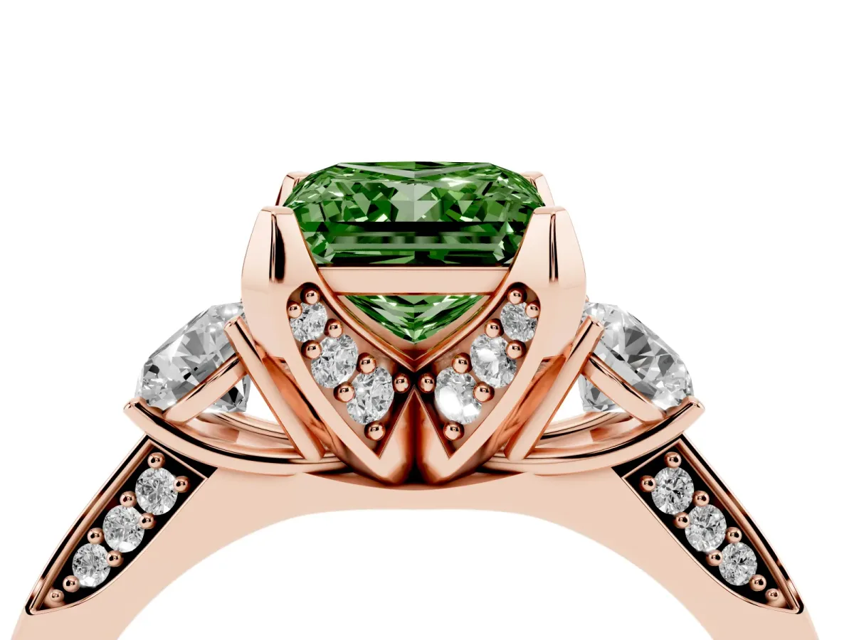 Fancy Green Princess Cut Brilliant Three-Stone Diamond Ring with Pavé Band and Four-Prong Setting Rose gold