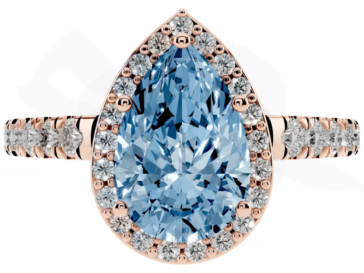Fancy Blue Pear Cut Cut Halo Diamond Engagement Ring with Pave Band and Four-Prong Setting Rose gold