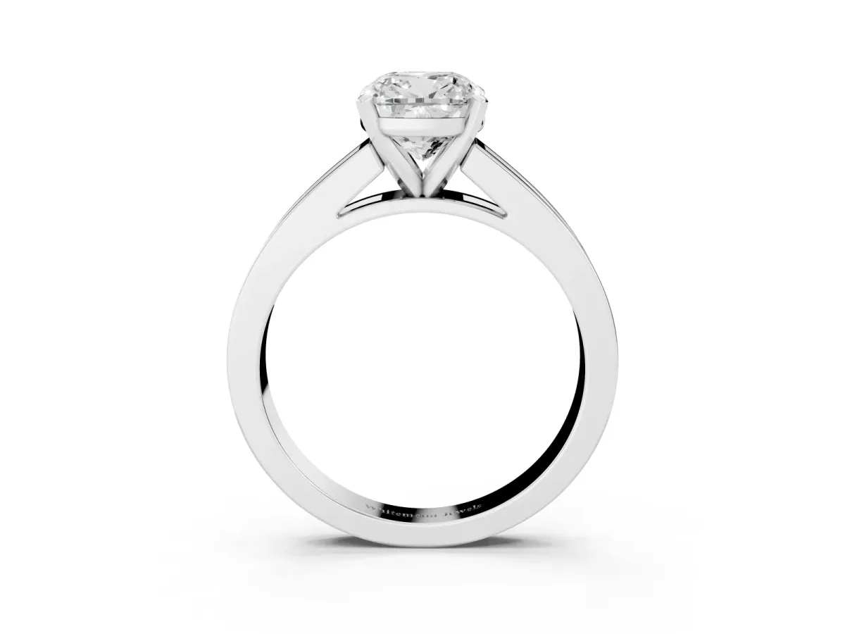Cushion Cut Solitaire Diamond Ring with Channel-Set Band and Four-Prong Setting Platinum