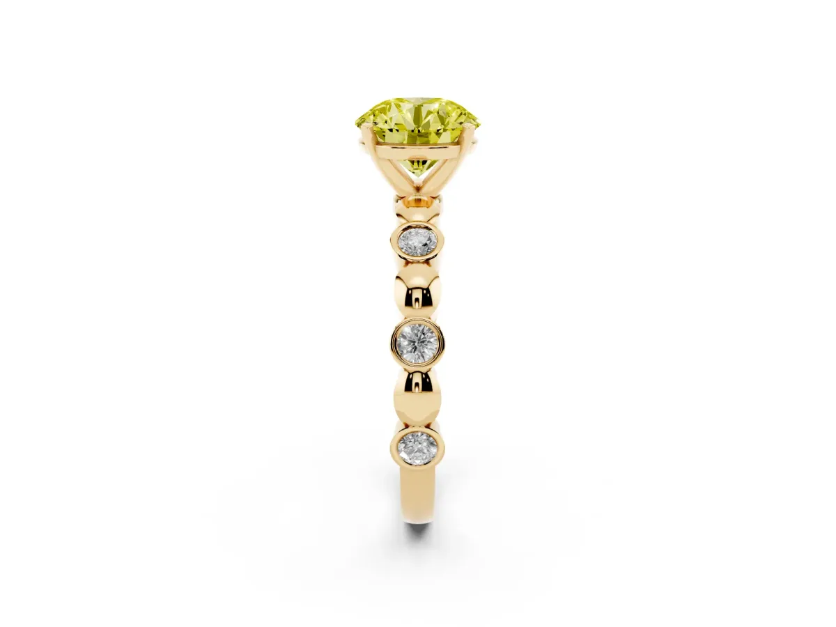 Fancy Yellow Round Cut Solitaire Bezel-Set Diamond Ring with Beaded Band and Four-Prong Setting Yellow gold