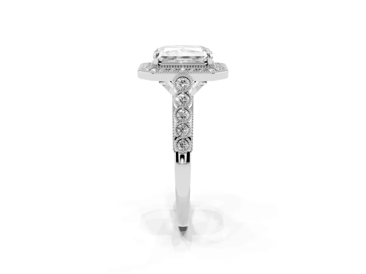 Radiant Cut Halo Milgrain Solitaire with Bezel Set Side Stones and Pave Band Platinum