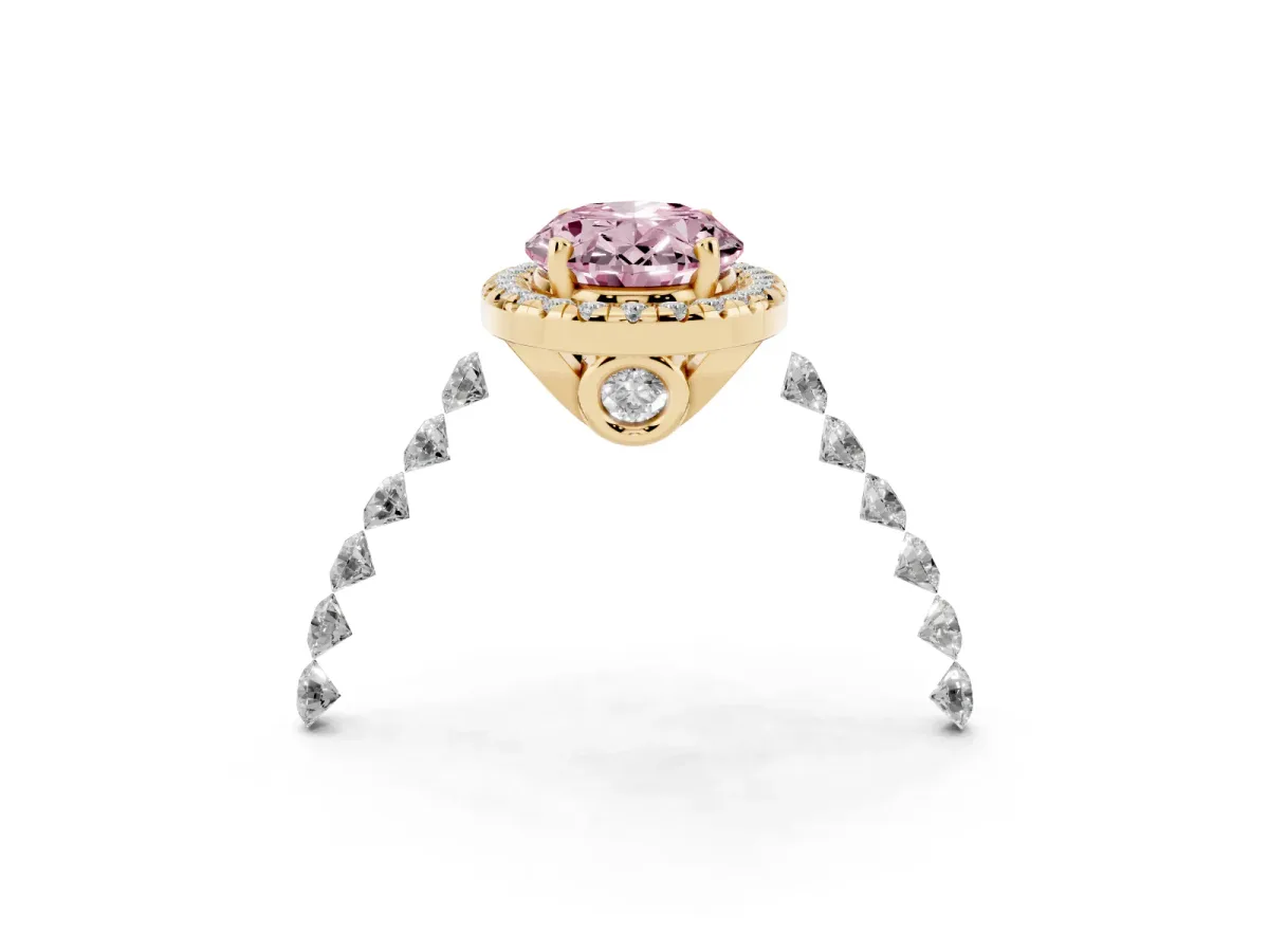 Fancy Pink Oval Cut Halo Pavé Diamond Engagement Ring with Four-Prong Setting Yellow gold