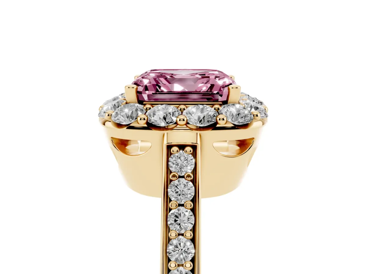 Fancy Pink Asscher Cut Diamond Floral Halo Ring with Pavé Band and Prong Setting Yellow gold