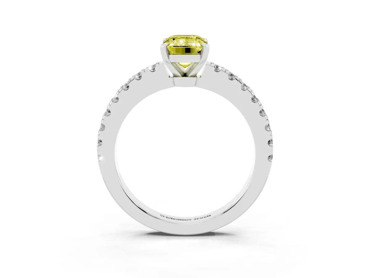 Fancy Yellow Emerald Cut Solitaire Diamond with Pavé Band and Four-Prong Setting Silver