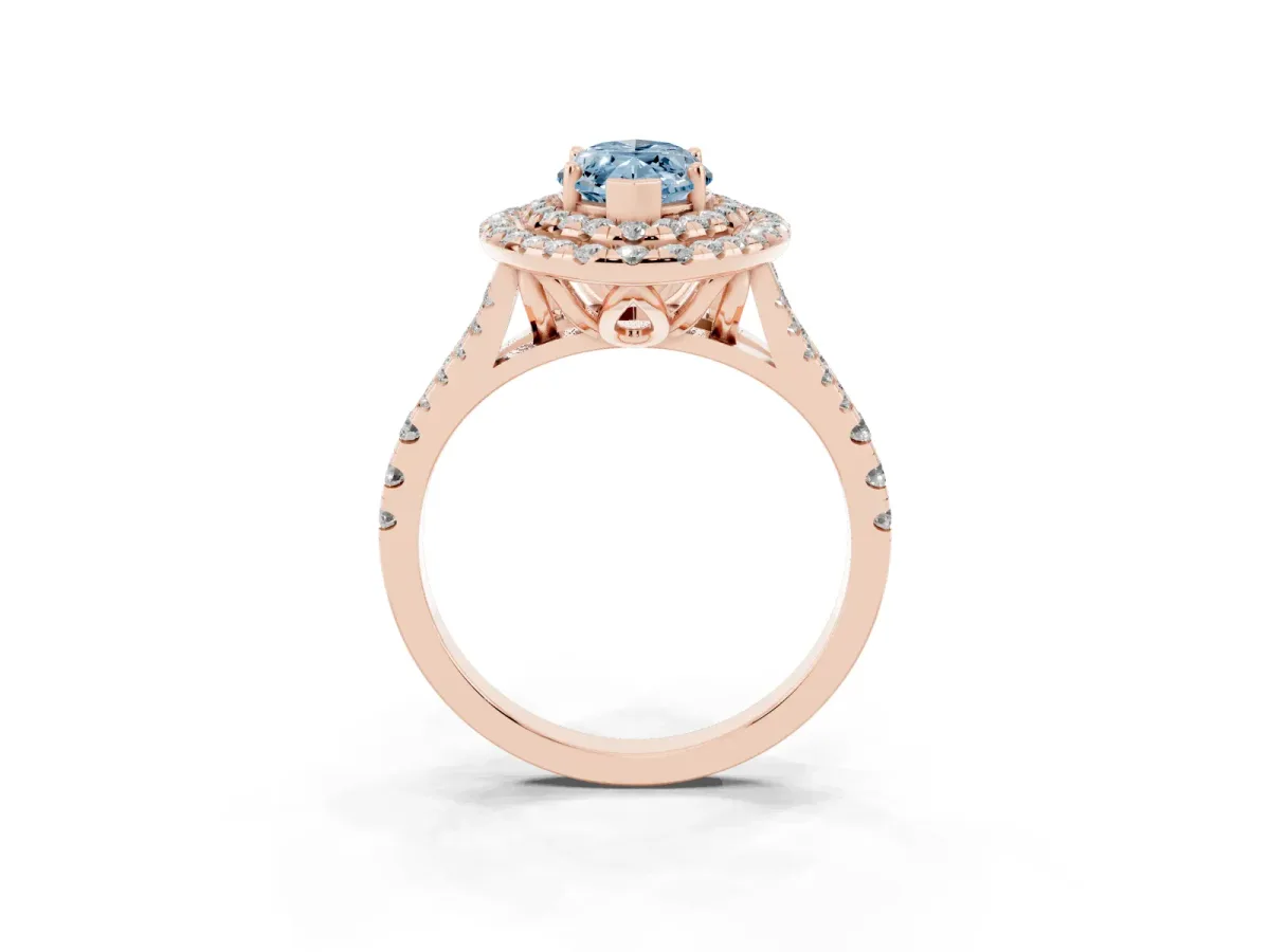 Fancy Blue Double Halo Marquise Cut Diamond Pavé Split Shank Ring with Prong Setting Rose gold