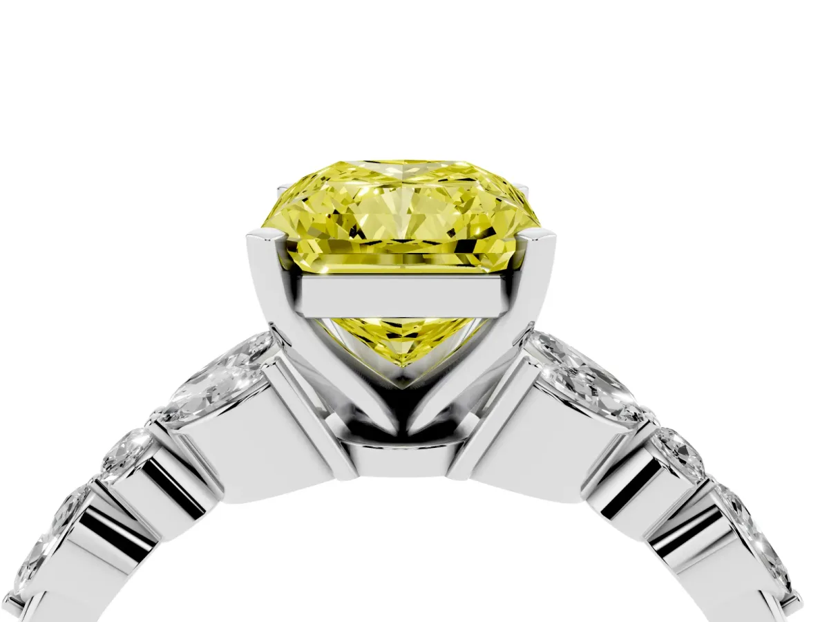 Fancy Yellow Radiant Cut Diamond Solitaire Ring with Side Stones and Four-Prong Setting Silver