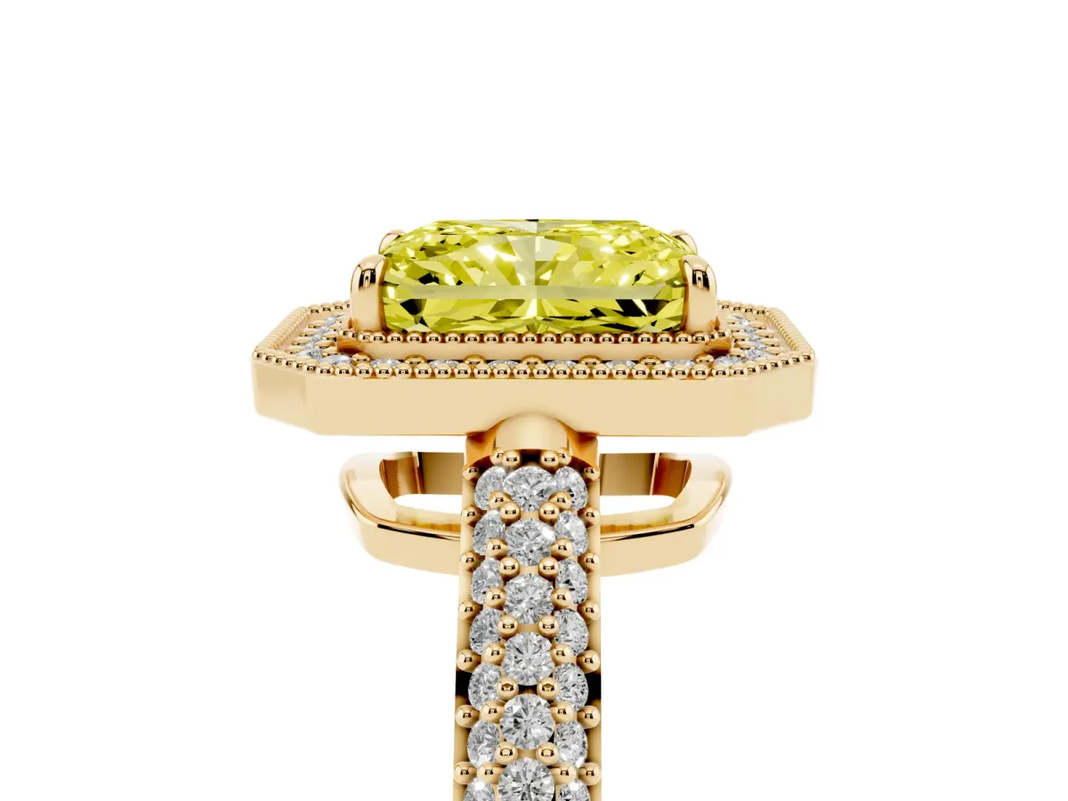 Fancy Yellow Radiant Cut Cut Halo Diamond Pave Band with Four-Prong Setting Yellow gold
