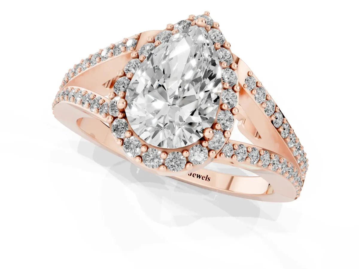Pear Cut Halo Split Shank Diamond Ring with Prong Setting Rose gold