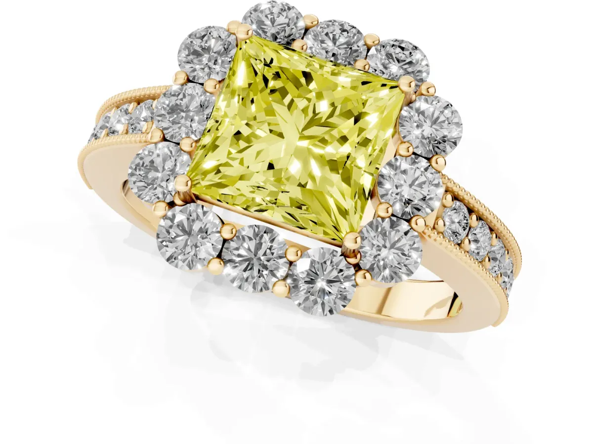Fancy Yellow Princess Cut Cut Halo Diamond Pavé Engagement Ring with Milgrain Detailing Yellow gold
