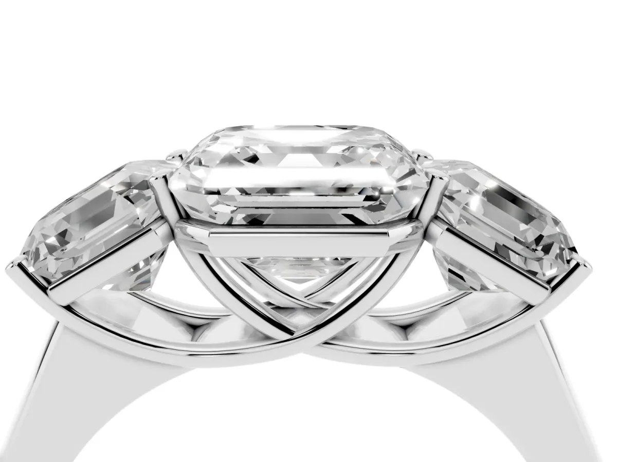 Asscher Cut Three-Stone Diamond Ring with Prong Setting on a Classic Band Platinum
