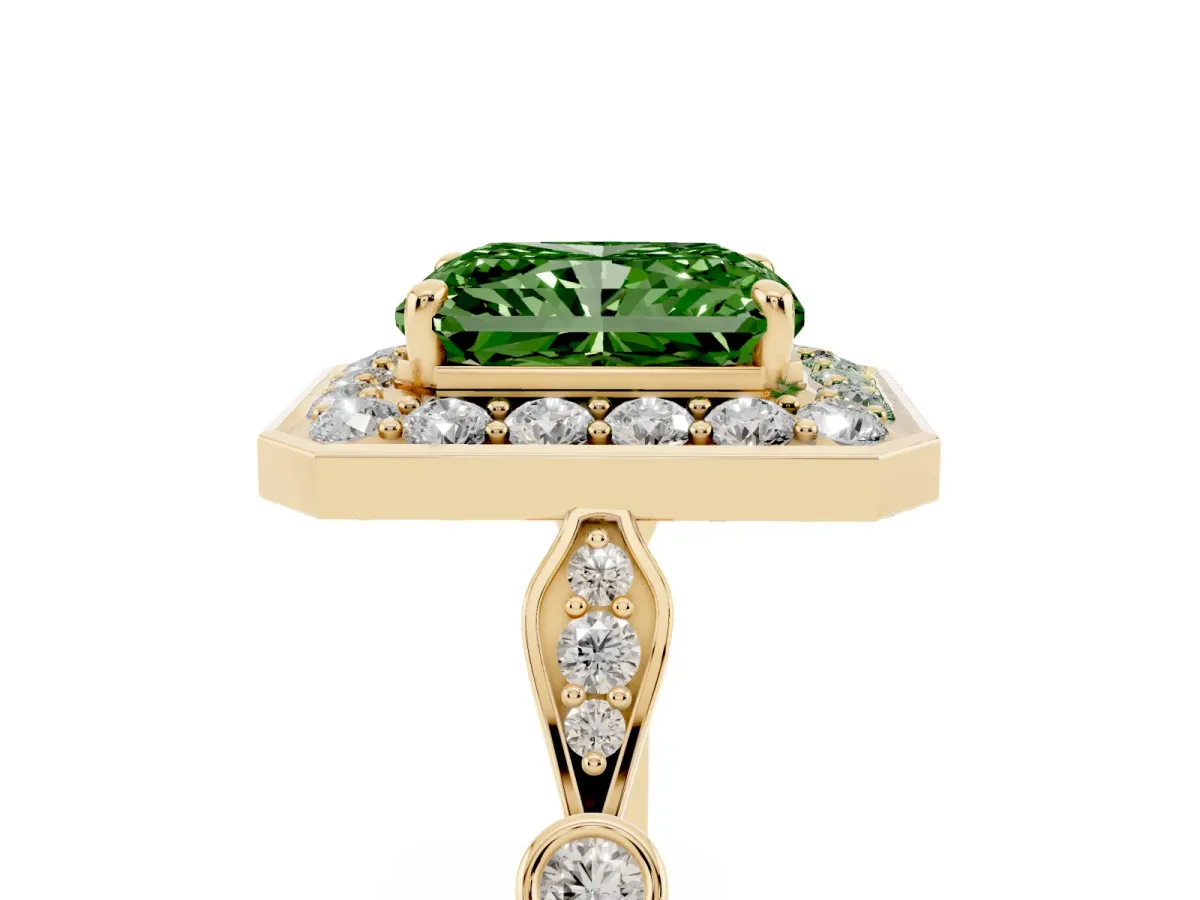 Fancy Green Radiant Cut Halo Diamond Engagement Ring with Twisted Band and Four-Prong Setting Yellow gold