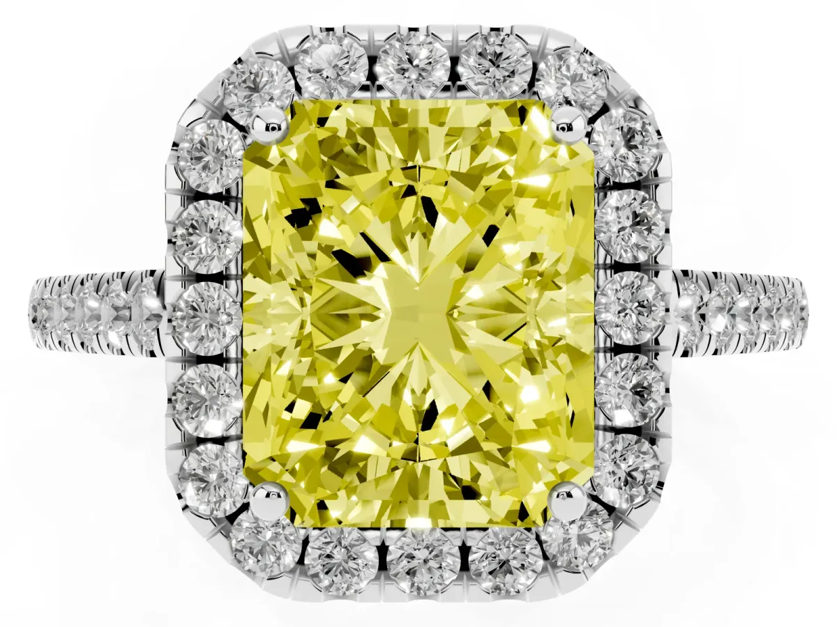 Fancy Yellow Radiant Cut Halo Pavé Diamond Engagement Ring with Four-Prong Setting Silver