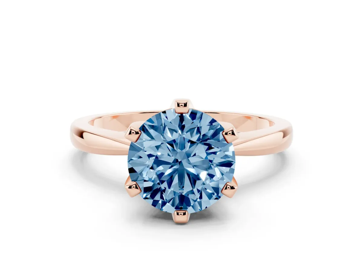 Fancy Blue Round Cut Solitaire Engagement Ring with Six-Prong Setting and Tapered Band Rose gold