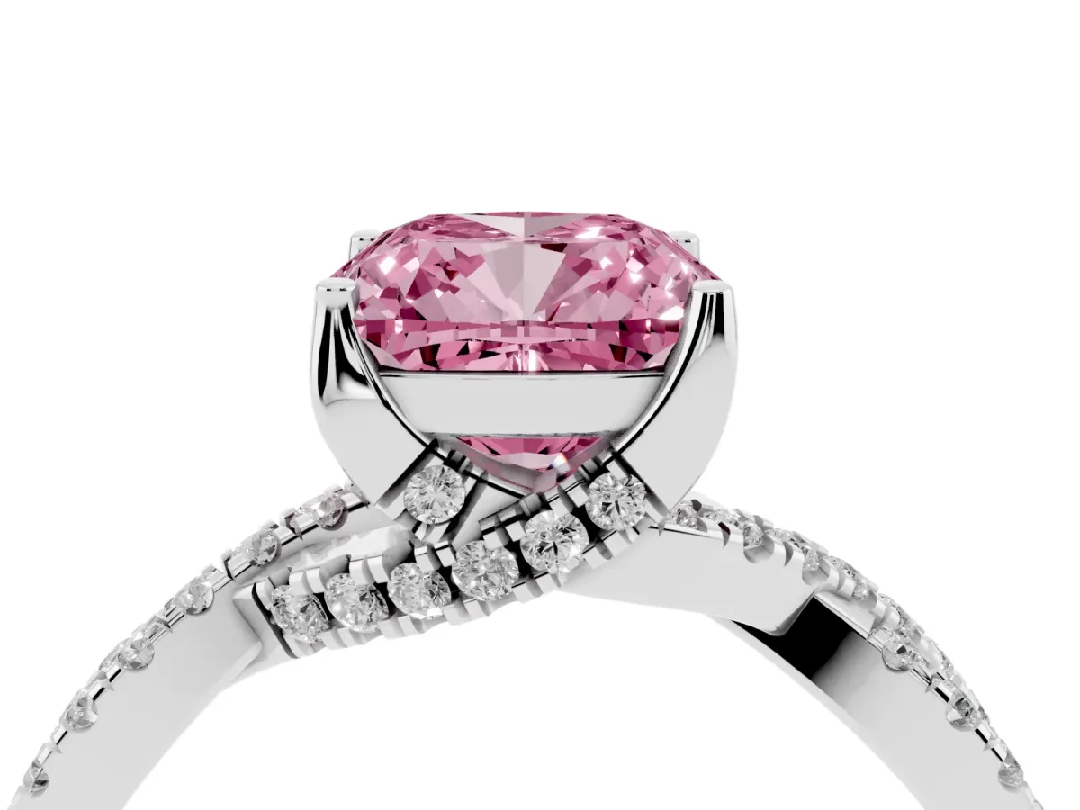 Fancy Pink Cushion Cut Solitaire Twist Pave Diamond Engagement Ring with Prong Setting Silver