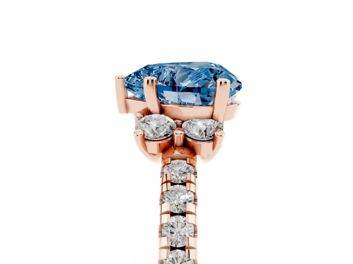 Fancy Blue Heart Cut Diamond Three-Stone Pave Band with Four-Prong Setting Rose gold