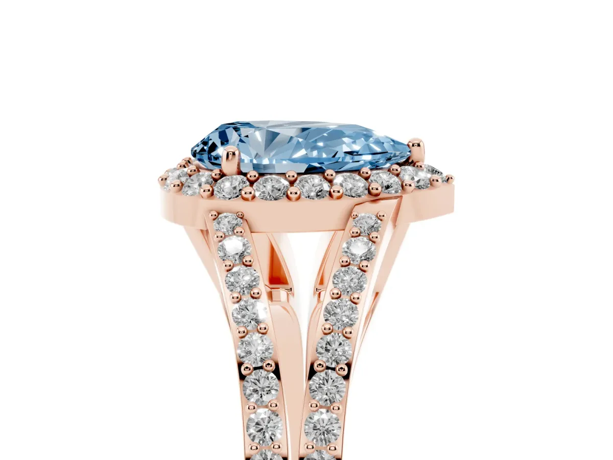 Fancy Blue Pear Cut Halo Split Shank Diamond Ring with Prong Setting Rose gold