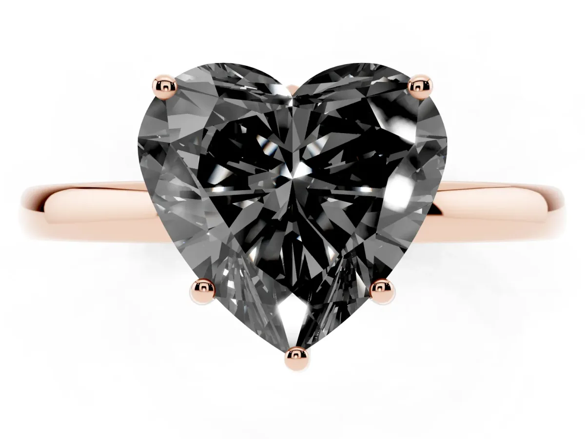 Fancy Black Heart Cut Solitaire Diamond Ring with Prong Setting and Plain Band Rose gold