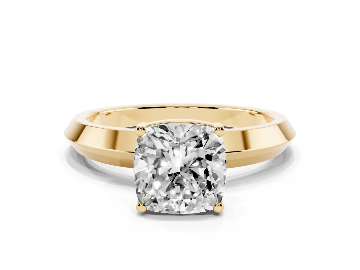 Cushion Cut Cut Solitaire Engagement Ring with Flat Band and Four-Prong Setting Yellow gold