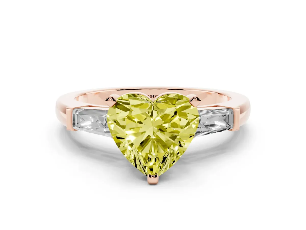 Fancy Yellow Heart Cut Solitaire with Tapered Baguette Side Stones on a Classic Band with Four-Prong Setting Rose gold