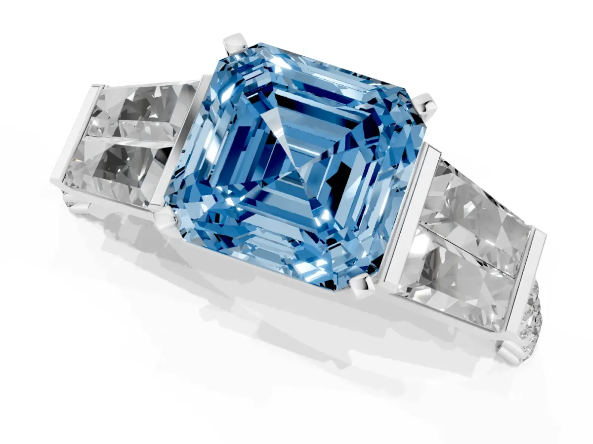 Fancy Blue Asscher Cut Diamond Engagement Ring with Baguette Side Stones and Channel Set Band White gold