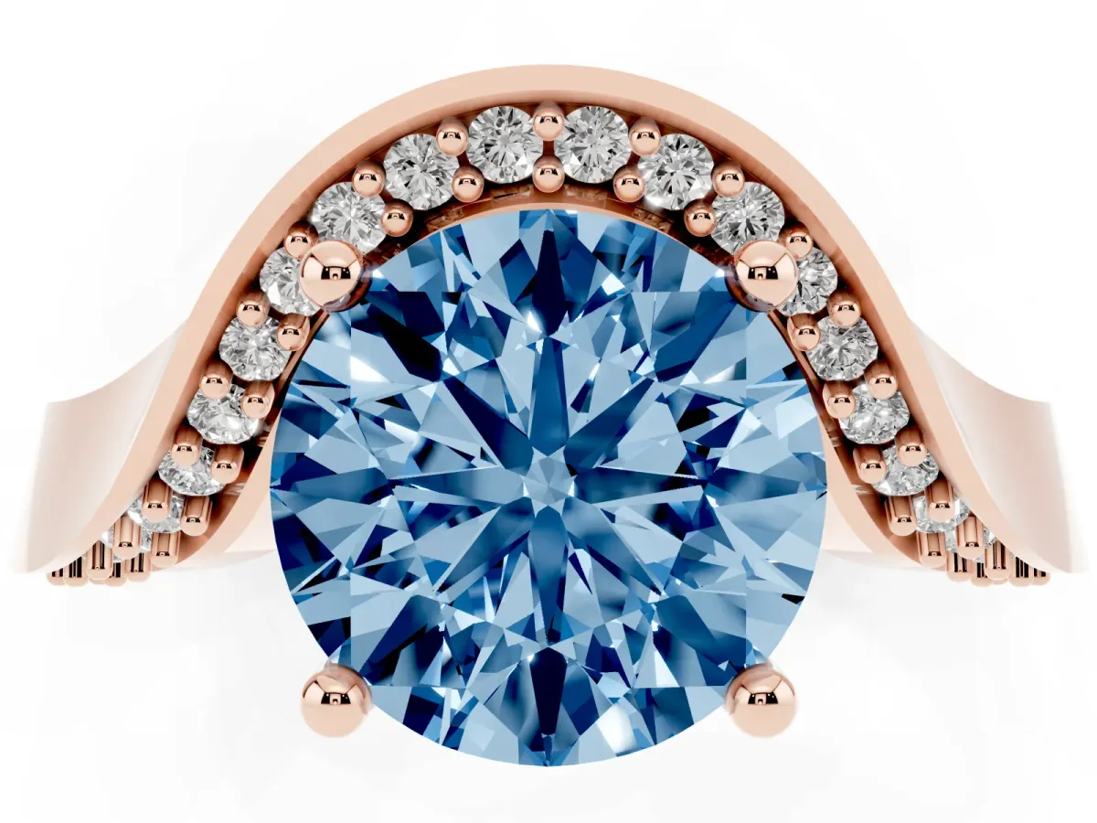 Fancy Blue Round Cut Solitaire Diamond Engagement Ring with Pave Band and Four-Prong Setting Rose gold