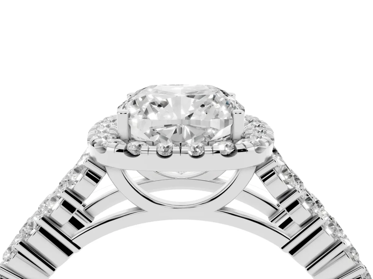Cushion Cut Diamond Halo Engagement Ring with Triple Row Round Pavé Band and Prong Setting Silver
