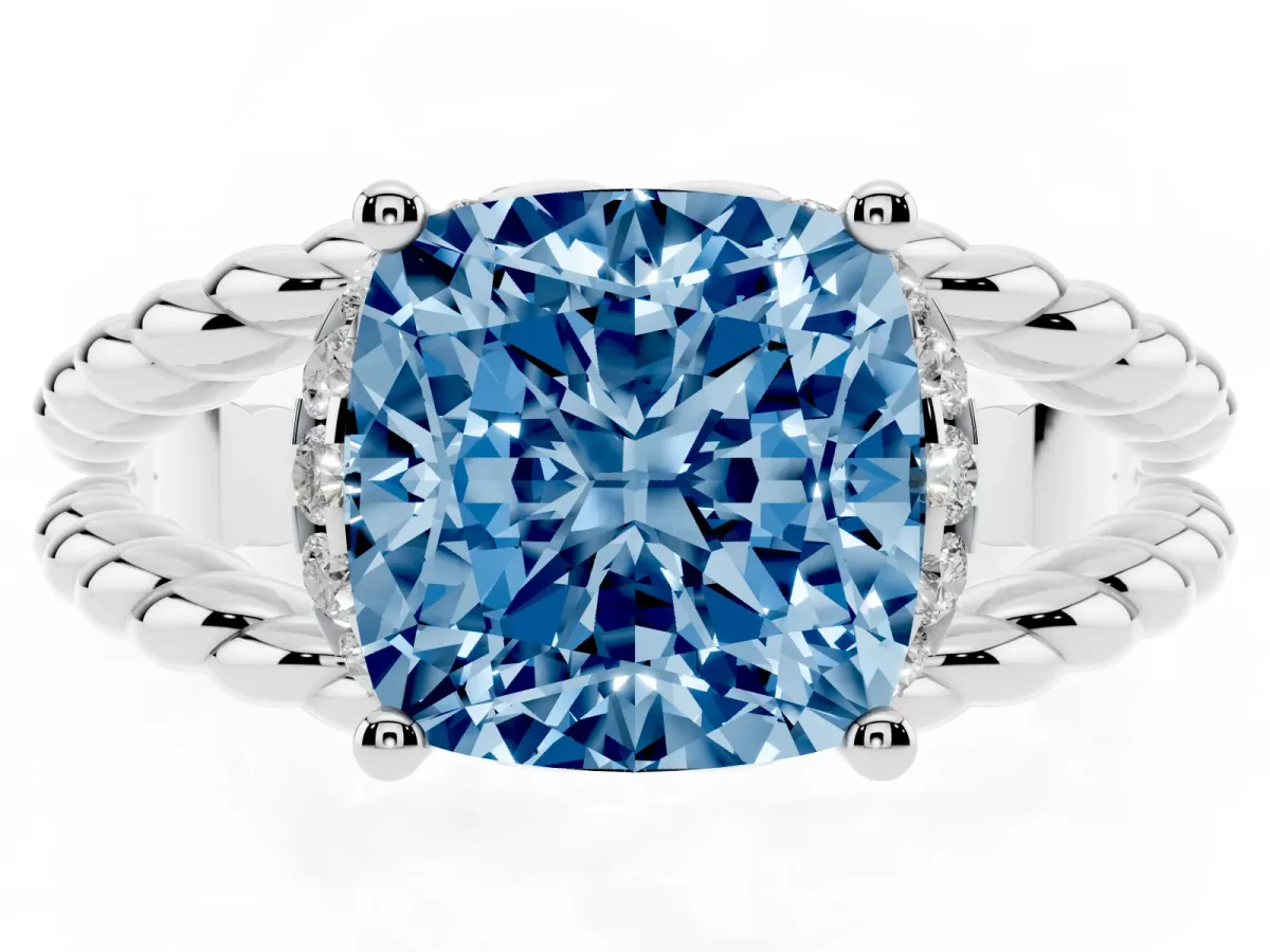 Fancy Blue Cushion Cut Halo Twisted Band Four-Prong Ring Silver