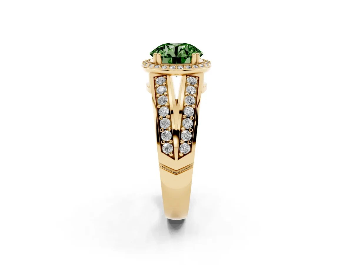 Fancy Green Round Cut Diamond Halo Ring with Split Shank Pavé Band and Four-Prong Setting Yellow gold