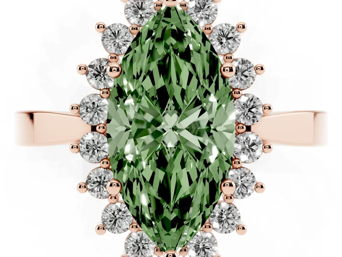 Fancy Green Marquise Cut Cut Diamond Halo Ring with Round Brilliant Halo and Solitaire Band Rose gold