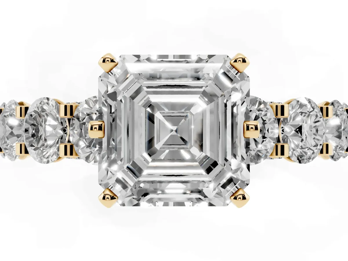 Asscher Cut Diamond Side Stone Engagement Ring with Four-Prong Setting Yellow gold