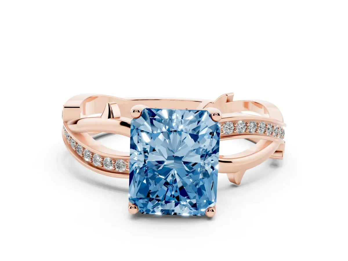 Fancy Blue Radiant Cut Solitaire Twist Band with Pavé Accents and Four-Prong Setting Rose gold