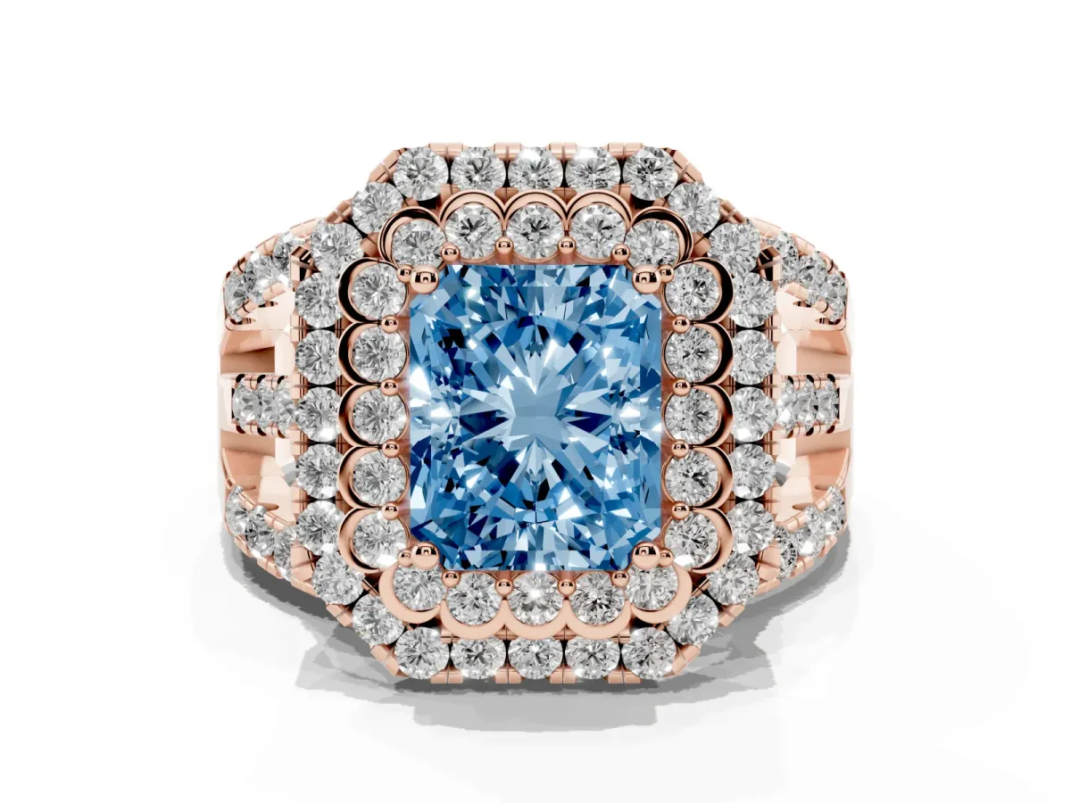 Fancy Blue Radiant Cut Diamond Double Halo Ring with Round Pavé Split Shank and Prong Setting Rose gold