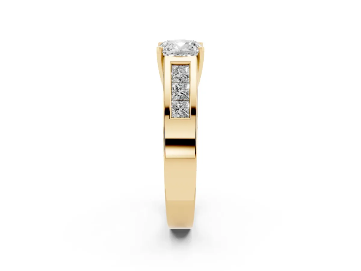 Cushion Cut Cut Channel Set Solitaire Ring with Four-Prong Setting Yellow gold