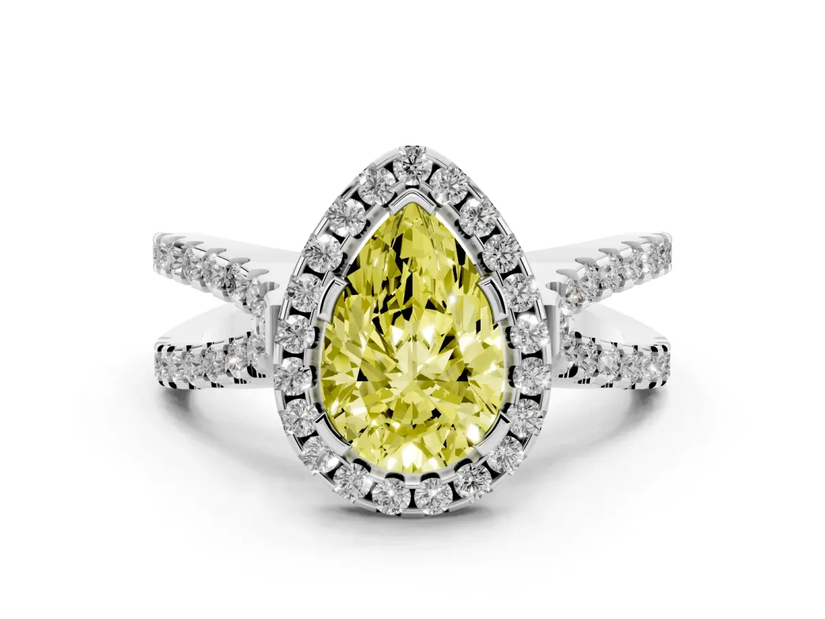 Fancy Yellow Pear Cut Diamond Halo Ring with Split Shank Pavé Band and Prong Setting Silver