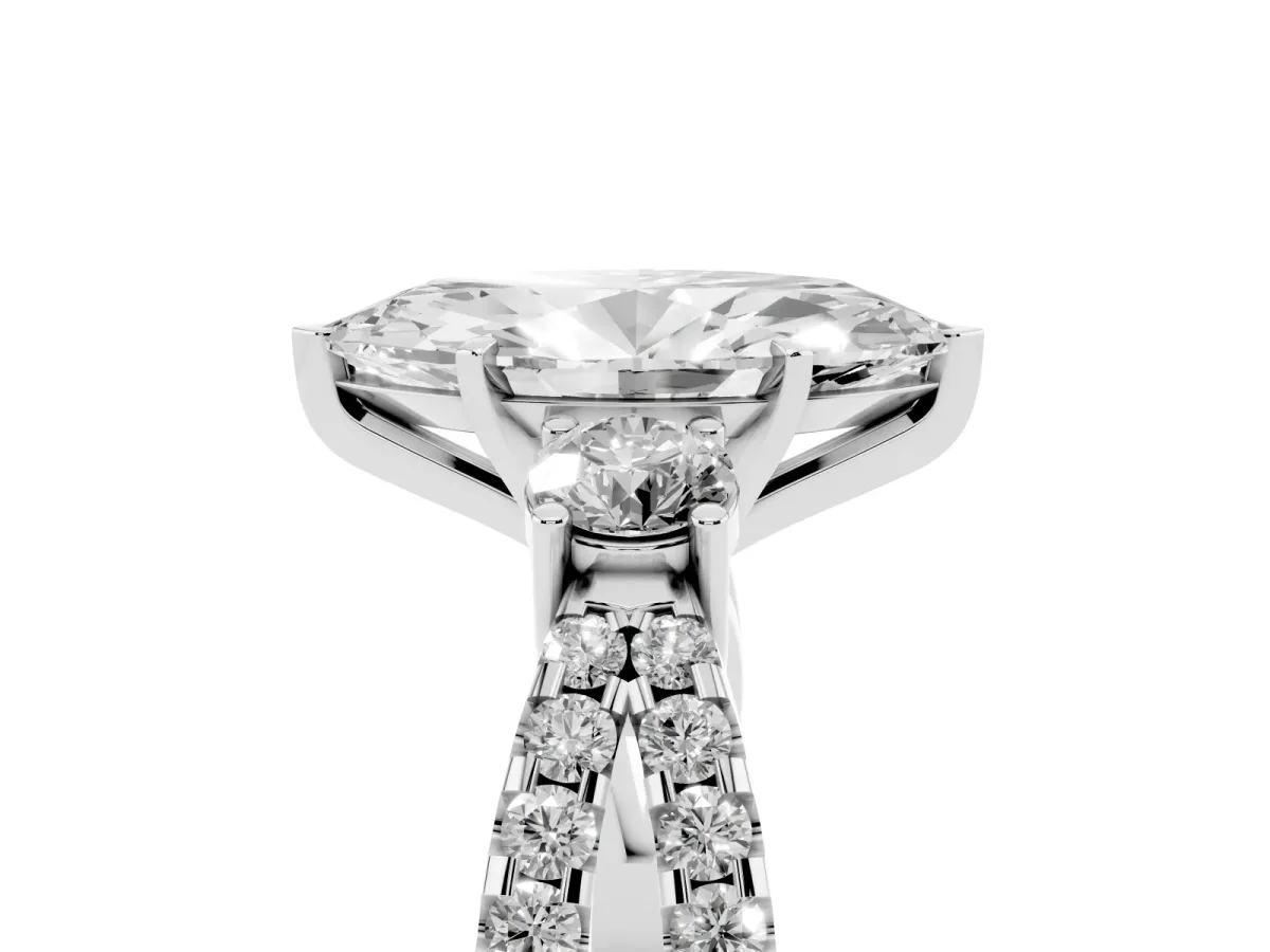Marquise Cut Diamond Three-Stone Ring with Pavé Split Shank and Four-Prong Setting White gold