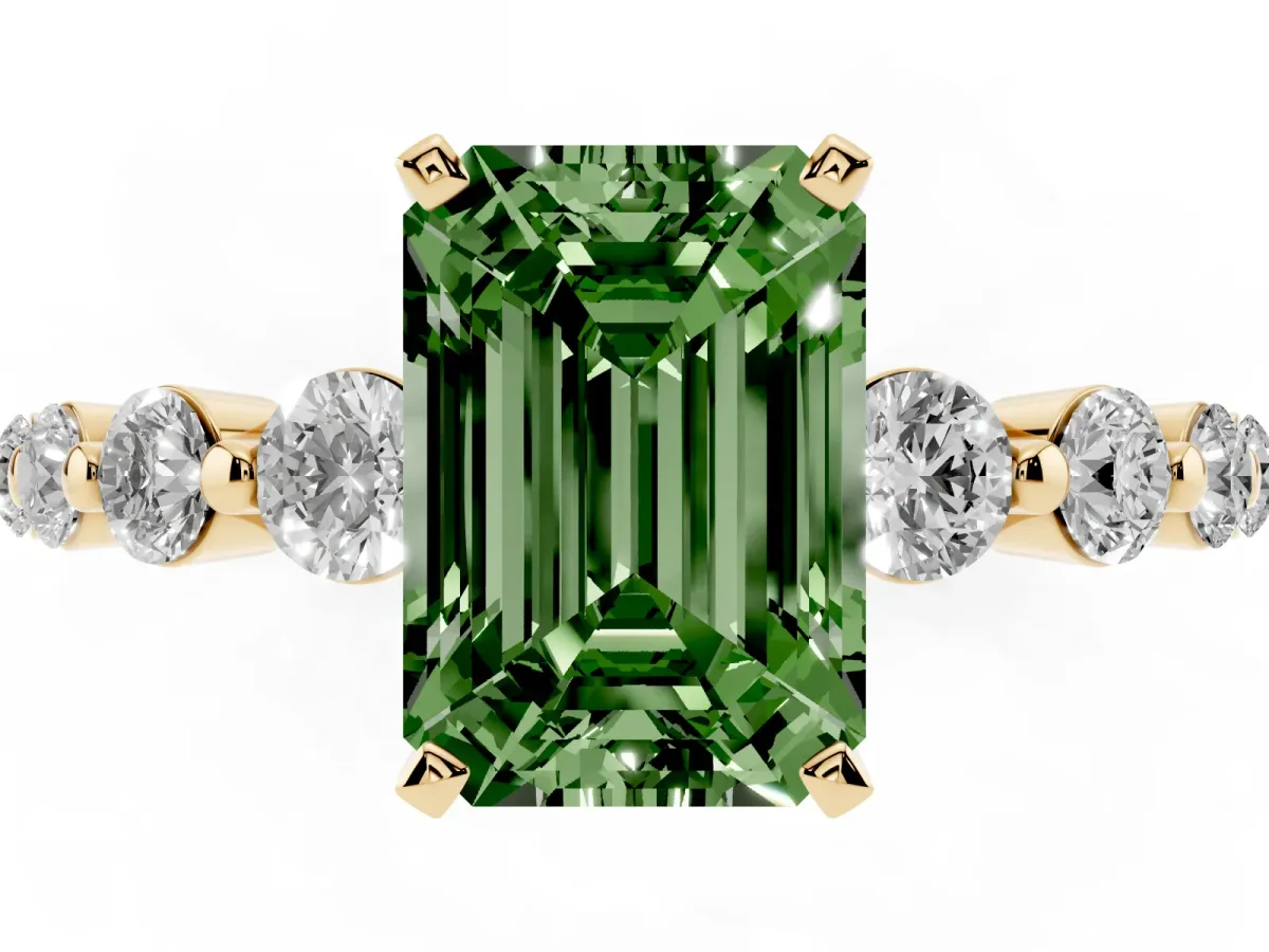 Fancy Green Emerald Cut Solitaire Diamond Ring with Pave Band and Four-Prong Setting Yellow gold