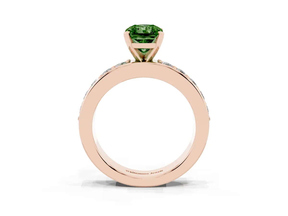 Fancy Green Radiant Cut Diamond Engagement Ring with Channel Set Round Band and Prong Setting Rose gold