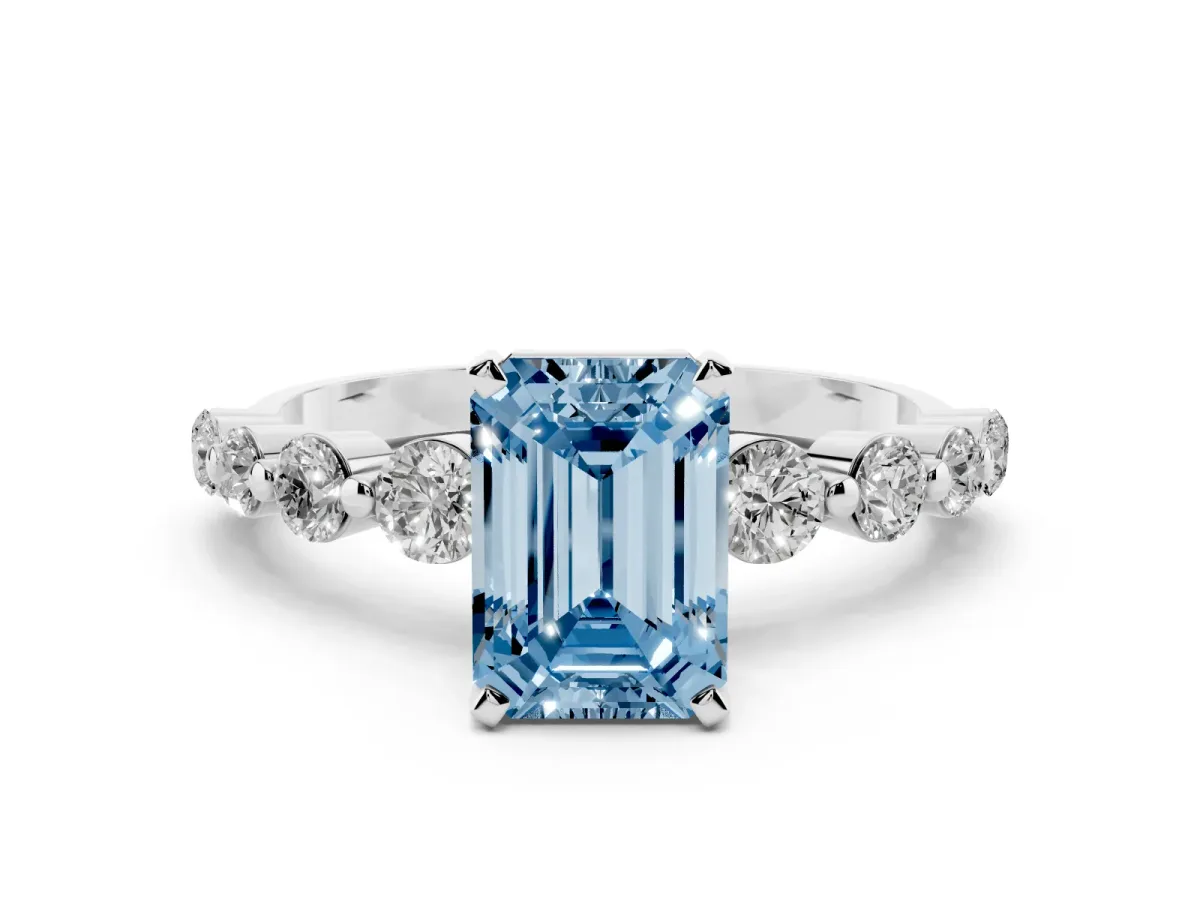 Fancy Blue Emerald Cut Solitaire Diamond Ring with Pave Band and Four-Prong Setting Silver