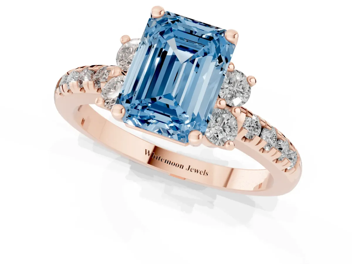 Fancy Blue Emerald Cut Diamond Three-Stone Pave Band with Four-Prong Setting Rose gold