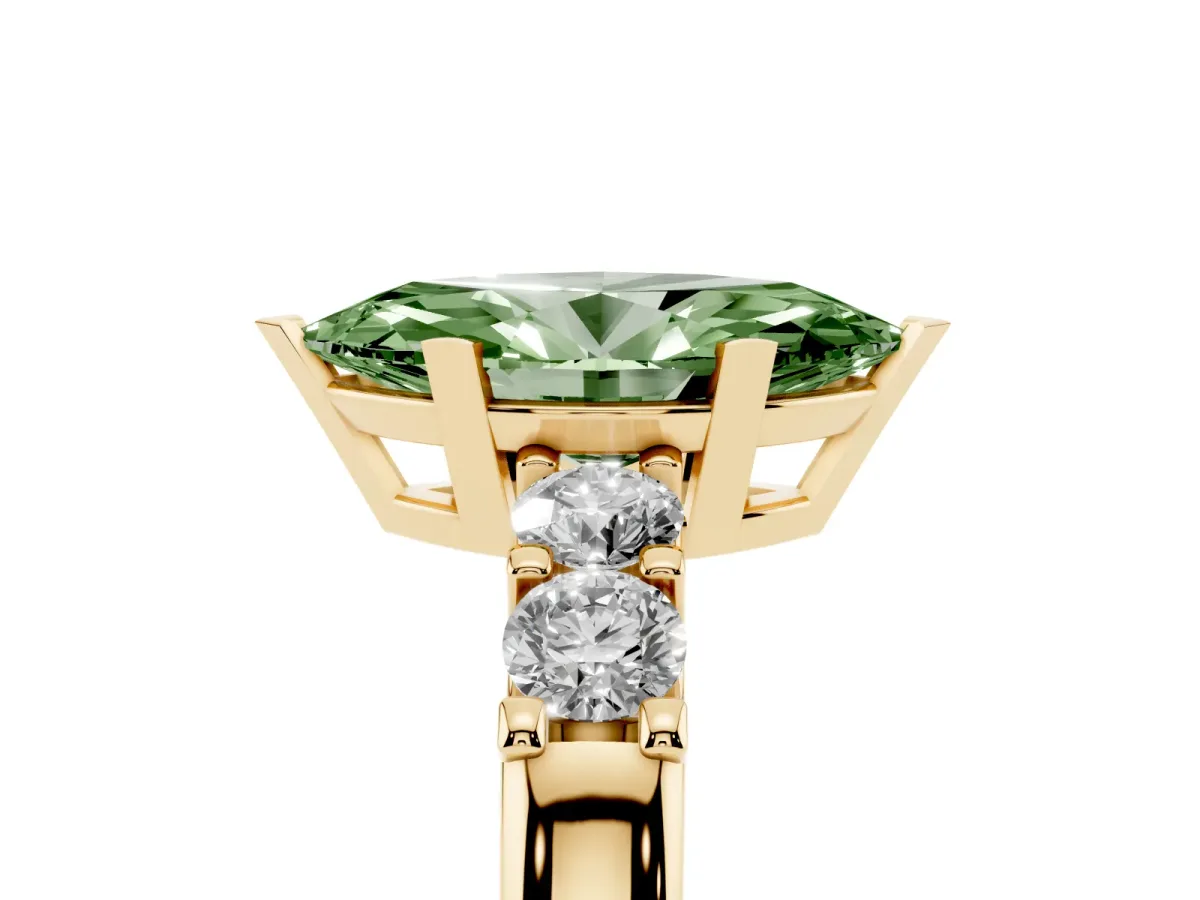Fancy Green Marquise Cut Brilliant Cut Diamond Five-Stone Prong Set Engagement Ring with Channel Band Yellow gold