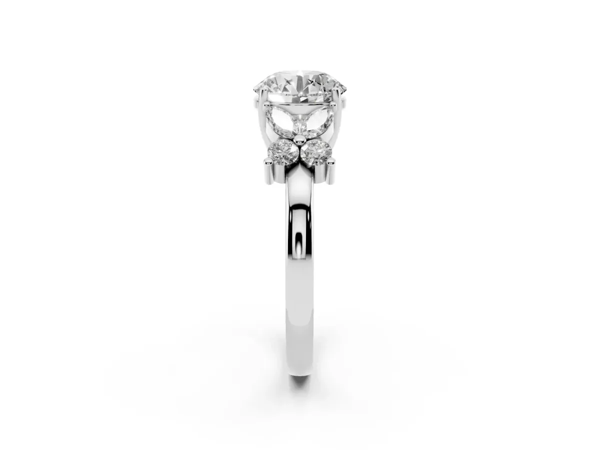Round Cut Diamond Floral Cluster Ring with Solitaire Band and Prong Setting Silver