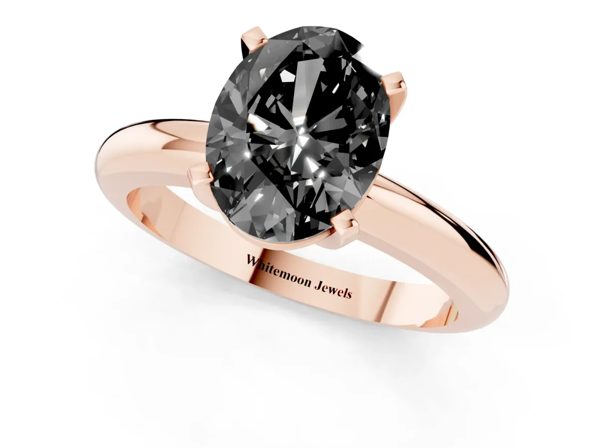 Fancy Black Oval Cut Diamond Solitaire Engagement Ring with Round Band and Four-Prong Setting Rose gold