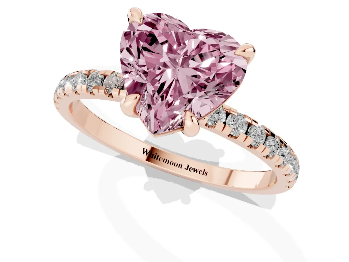 Fancy Pink Heart Cut Diamond Brilliant Solitaire Ring with Pavé Band and Four-Prong Setting Rose gold