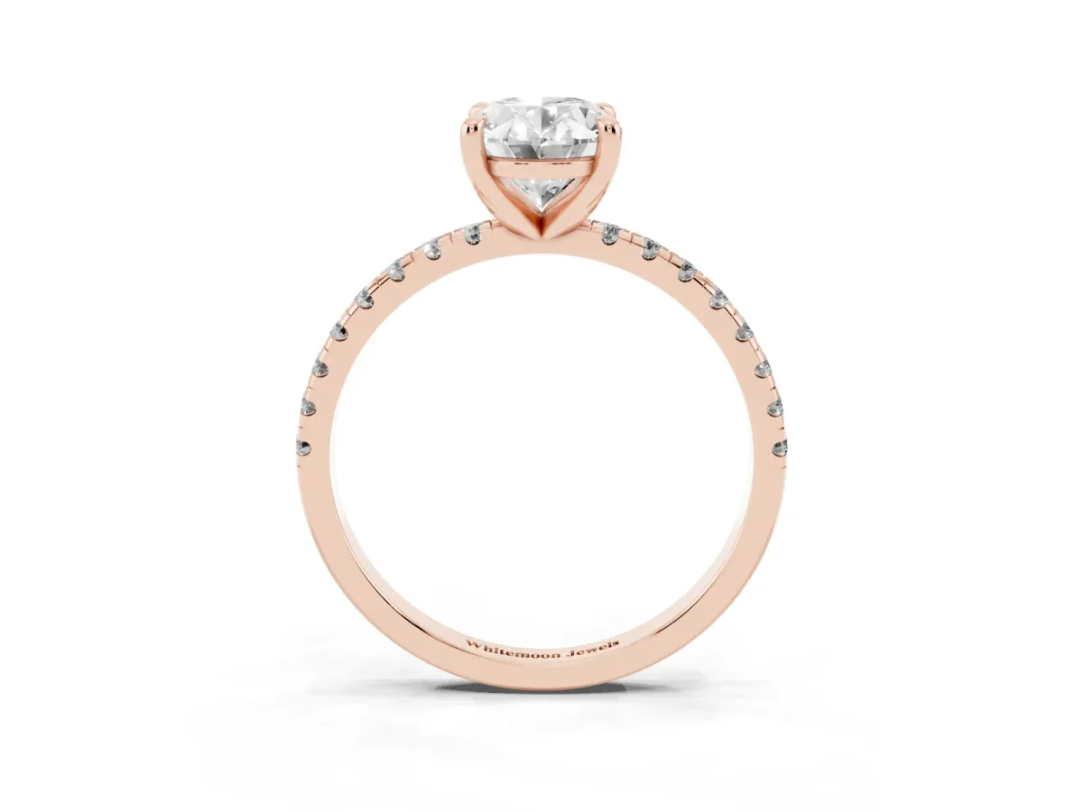 Oval Cut Diamond Brilliant Solitaire Ring with Pavé Band and Four-Prong Setting Rose gold