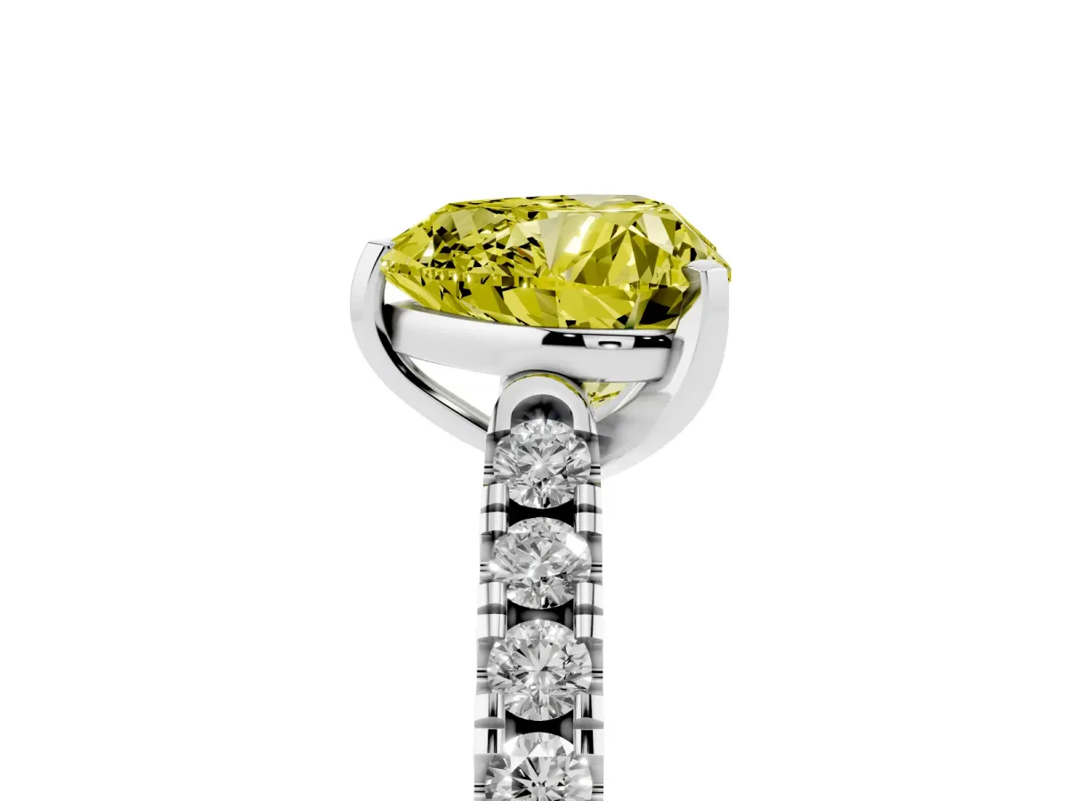 Fancy Yellow Heart Cut Diamond Pavé Band Solitaire Ring with Prong Setting Platinum