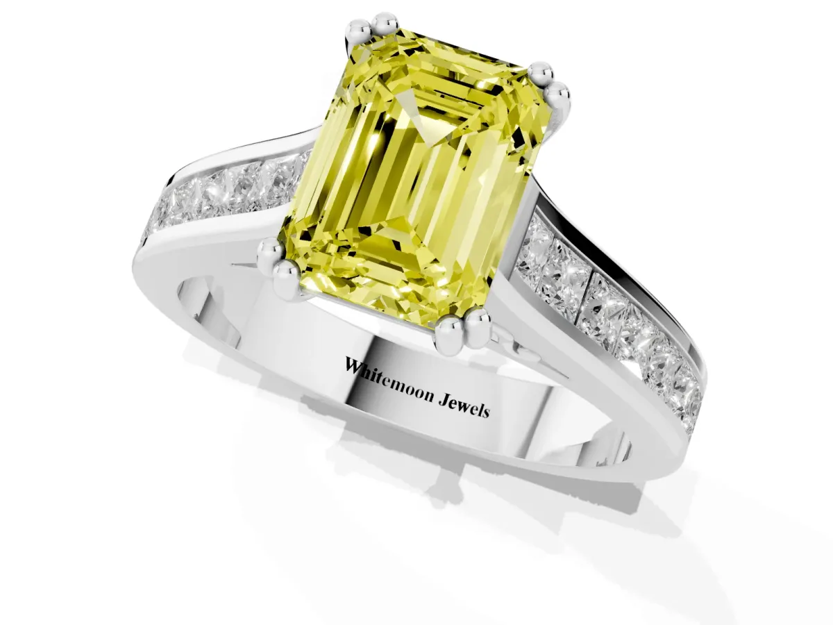 Fancy Yellow Emerald Cut Cut Channel Set Solitaire Engagement Ring with Prong Setting Silver