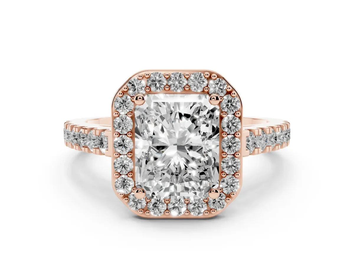 Radiant Cut Diamond Halo Ring with Round Pavé Split Shank and Prong Setting Rose gold